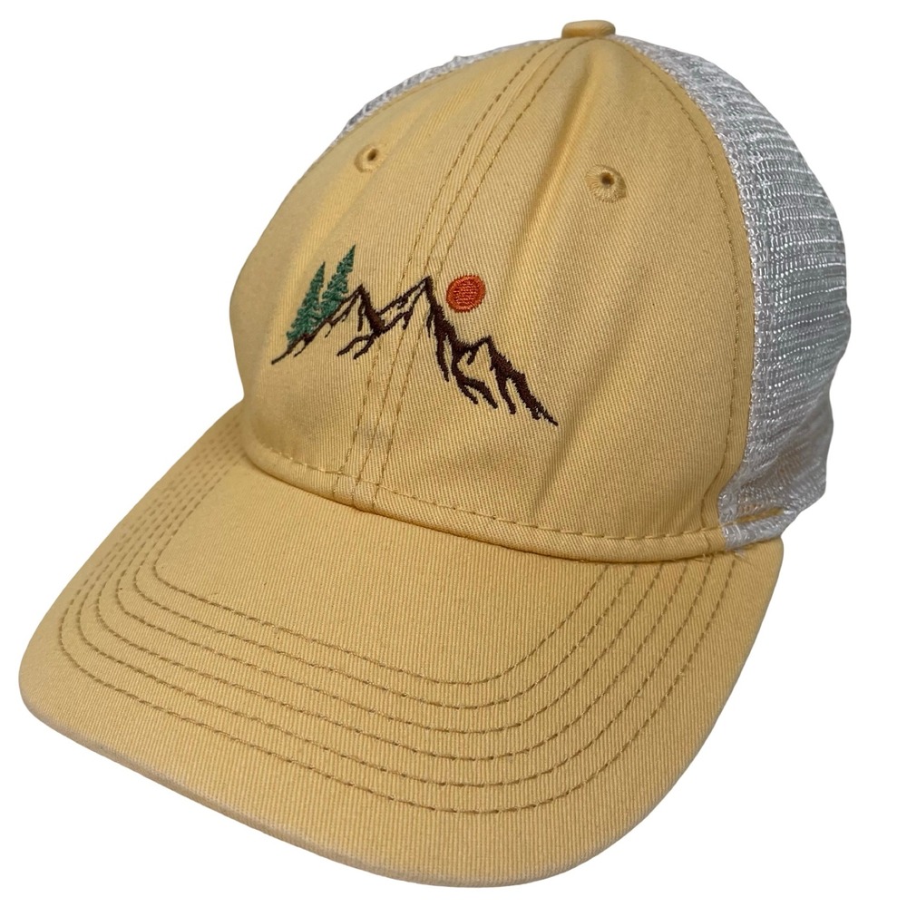 Subaru Mountains Sun Trees Embroidered Mesh Back Trucker Hat‎ Yellow Snapback